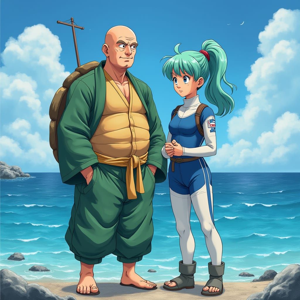 Roshi and Bulma in Manga Style Landscape