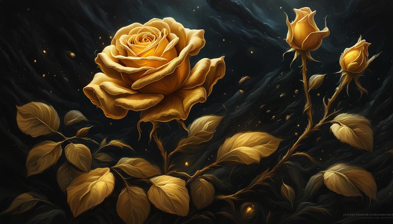 Golden Rose Fantasy Art on Black Background