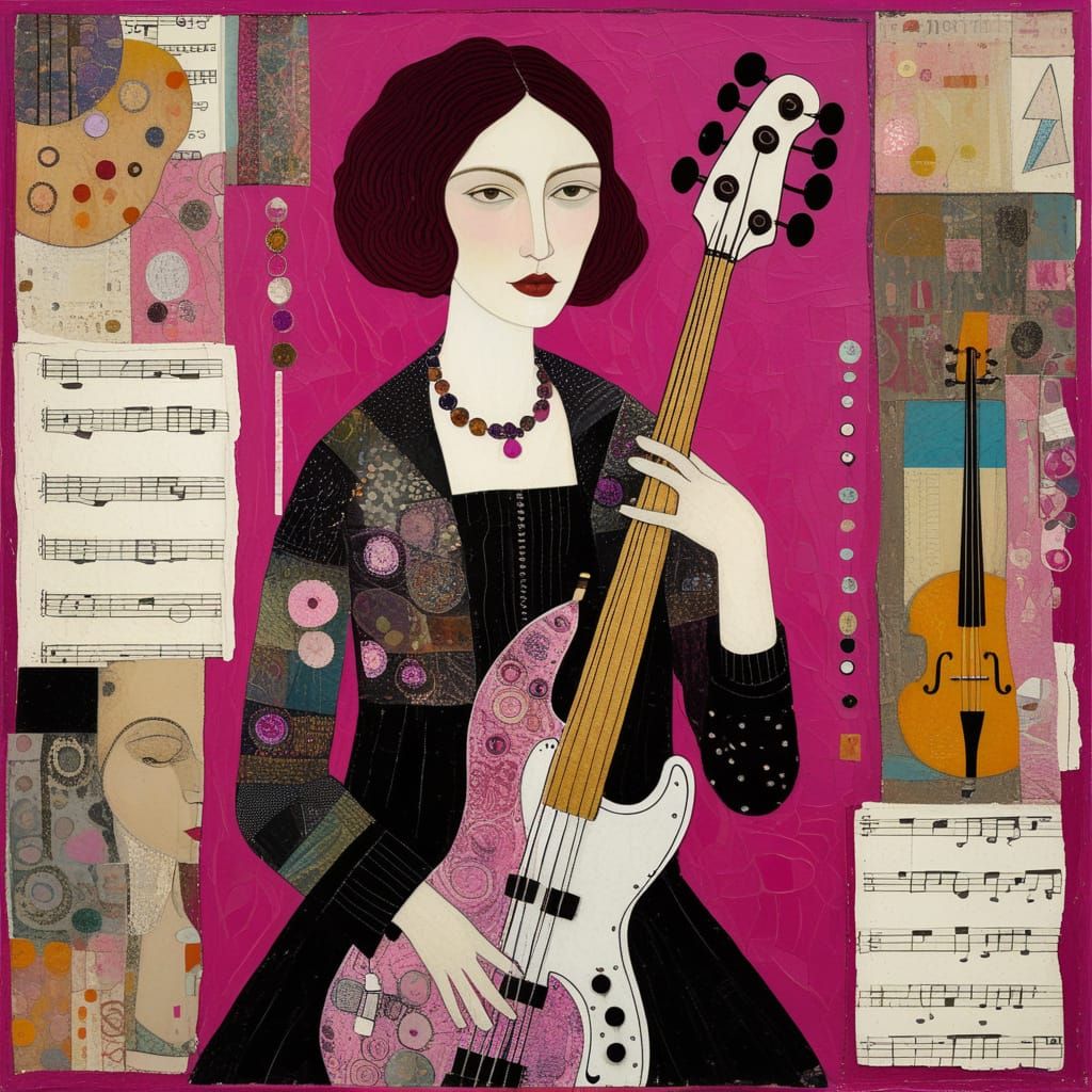 Bassist in Mixed-Media Collage by Klimt and Chausheva Style