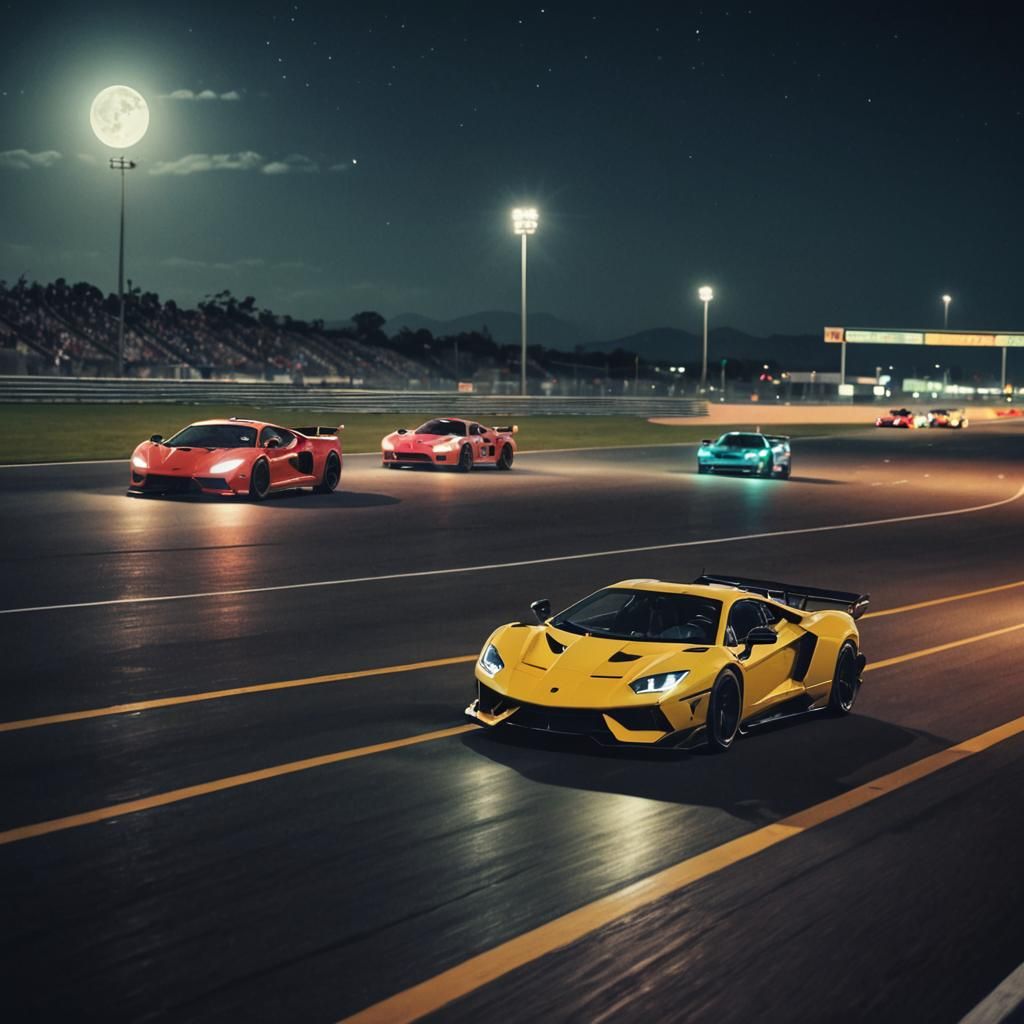 Futuristic Sport Cars Racing on a Moonlit Circuit