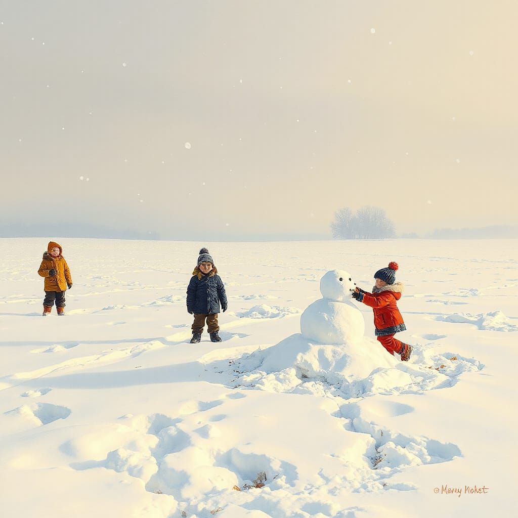 Children Building Snowmen in Snowy Field, Impressionist Styl...