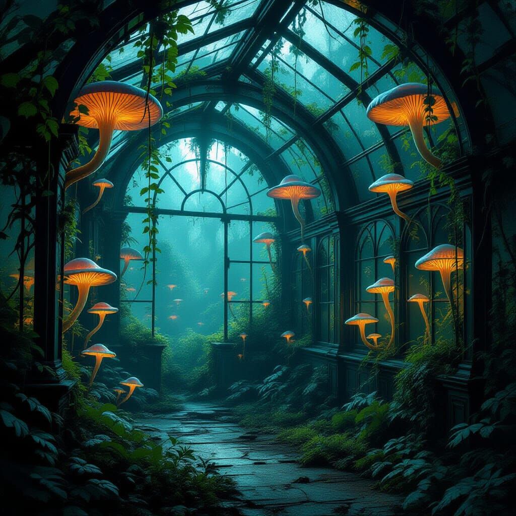 Ethereal Greenhouse: Bioluminescent Fungi & Alien Flora