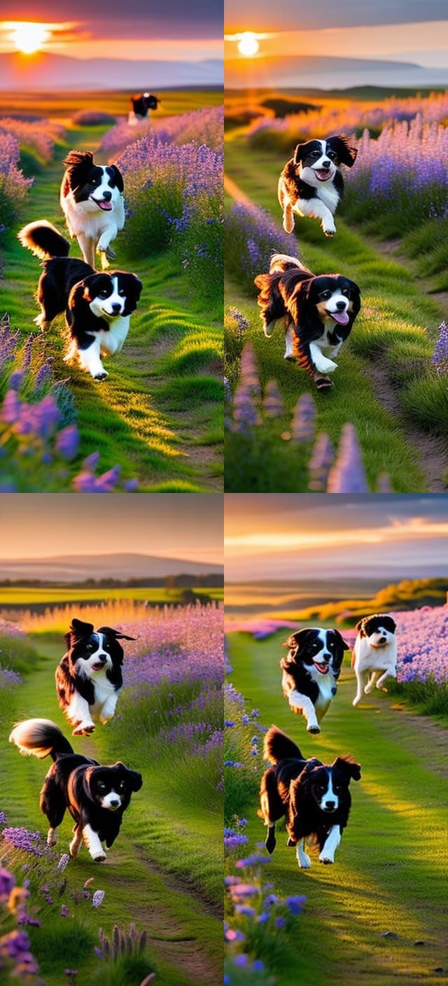 Border Collie and Shih Tzus in Sunset Landscape