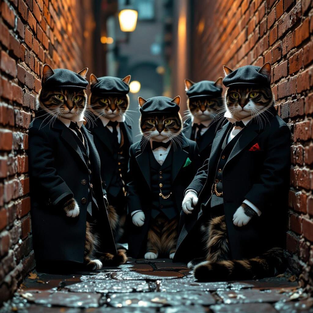 Cats as Peaky Blinders in Noir Alleyway
