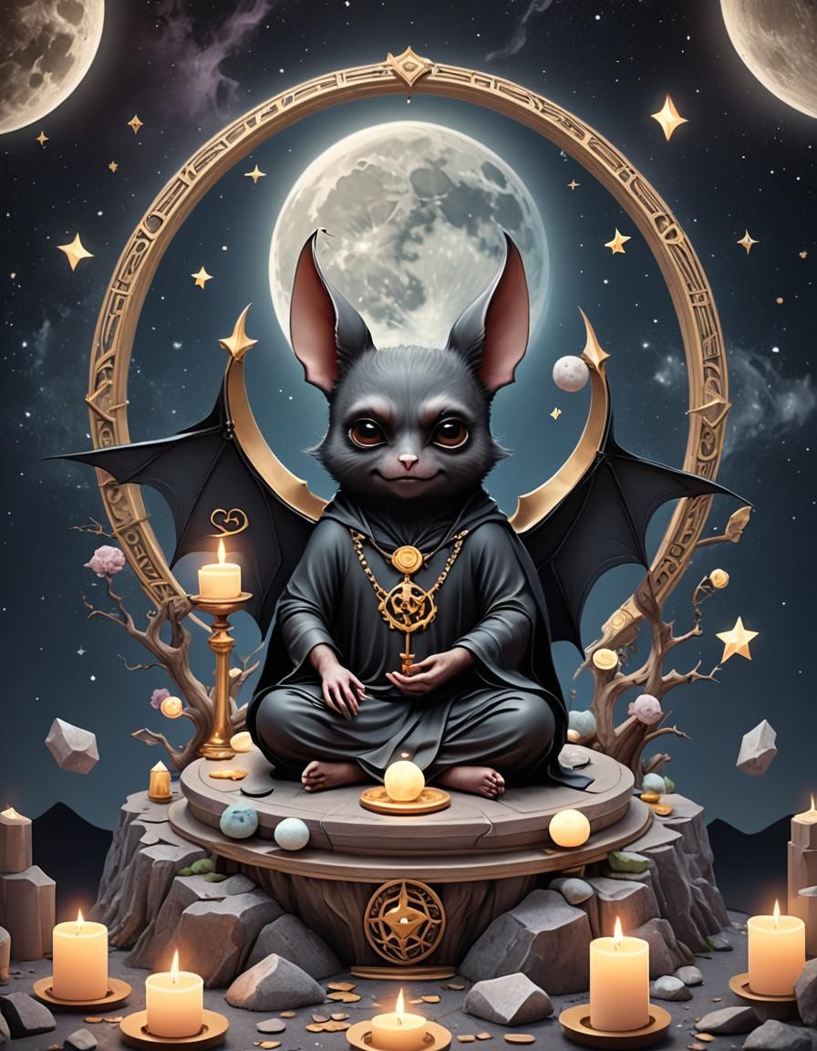 Bat meditating in the moon tarot card