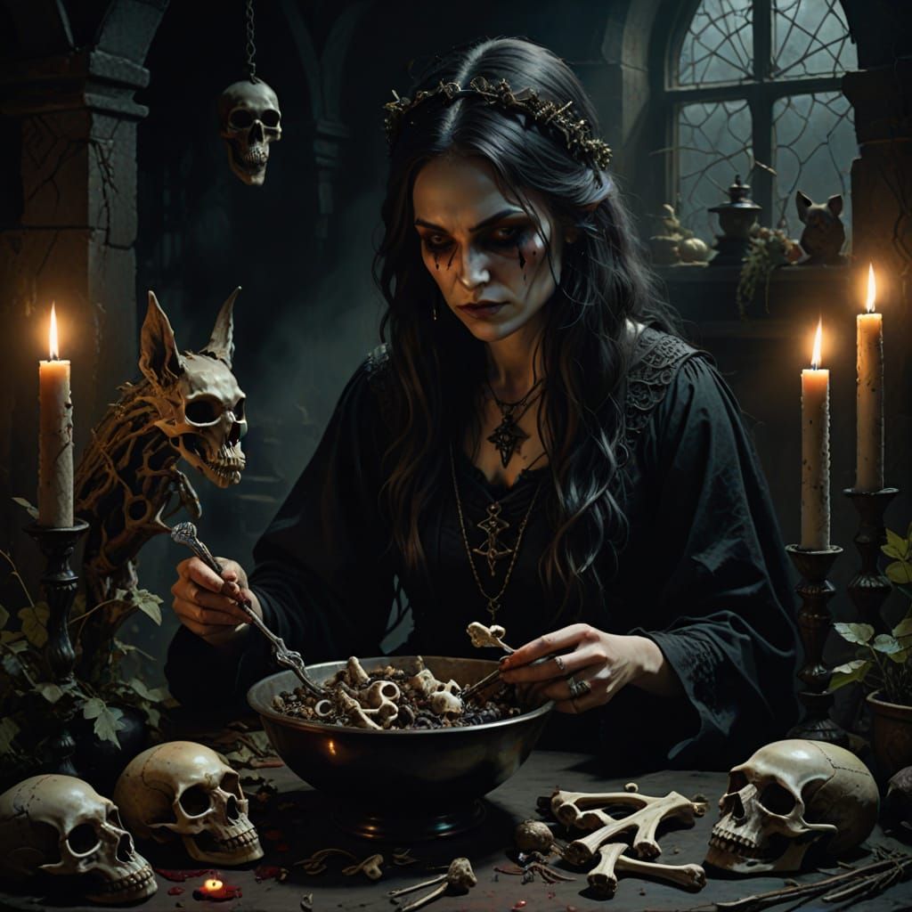 Mystical Bone Witch Fortune Reading in Oil Painting