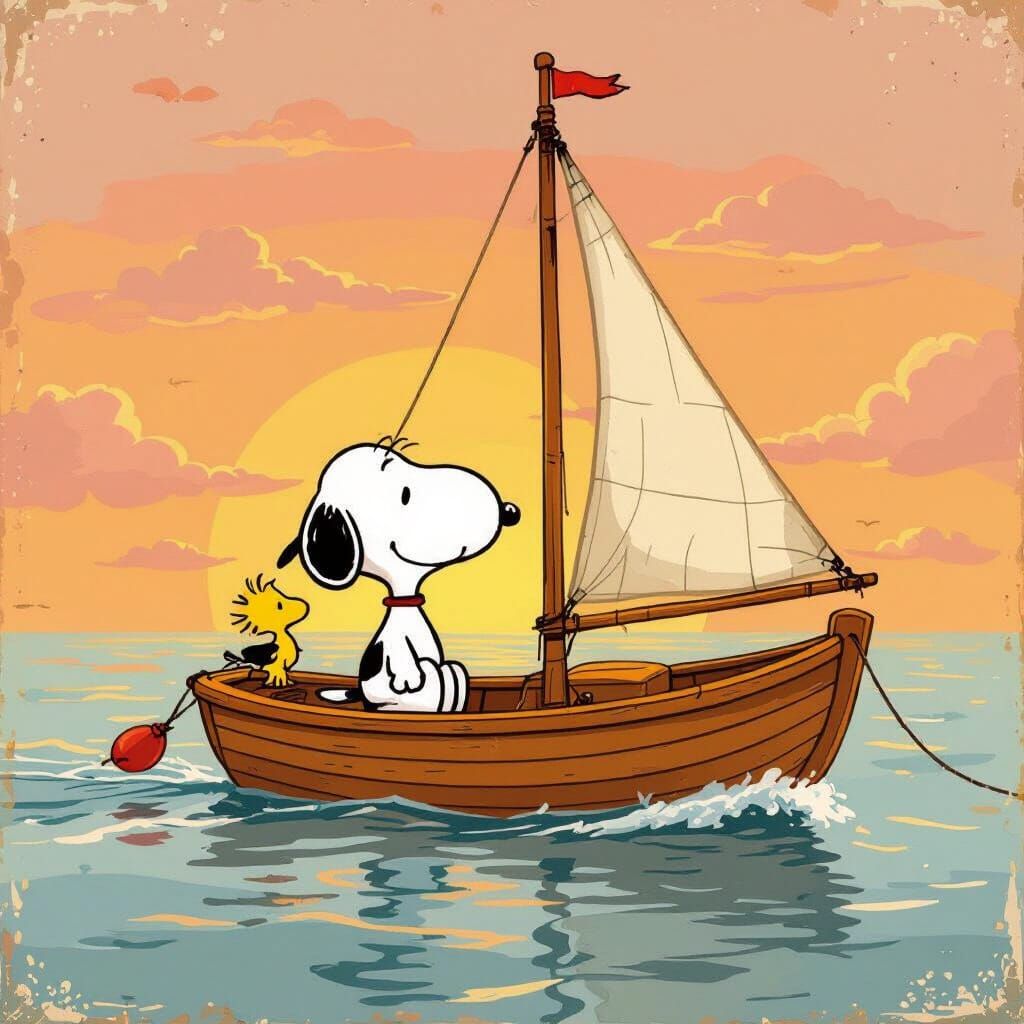 Snoopy and Woodstock Sailboat Sunset, Folk Art Style