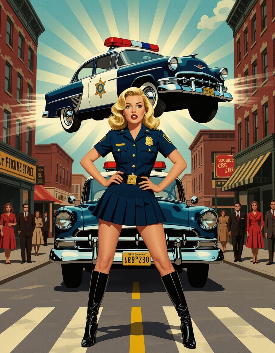 Surreal 1950s Noir Scene: Hovering Police Car & Woman