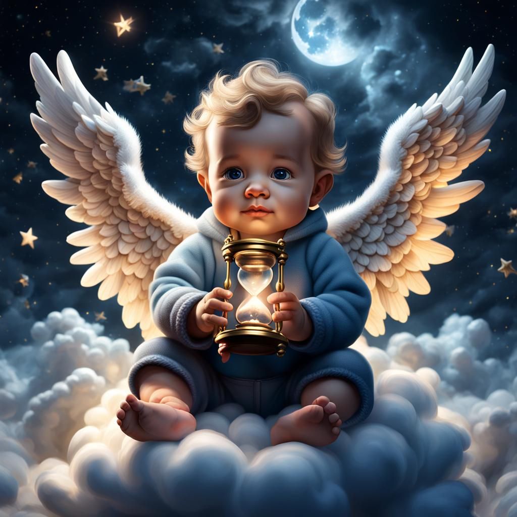 Angel Baby Boy with Hourglass in Starry Night