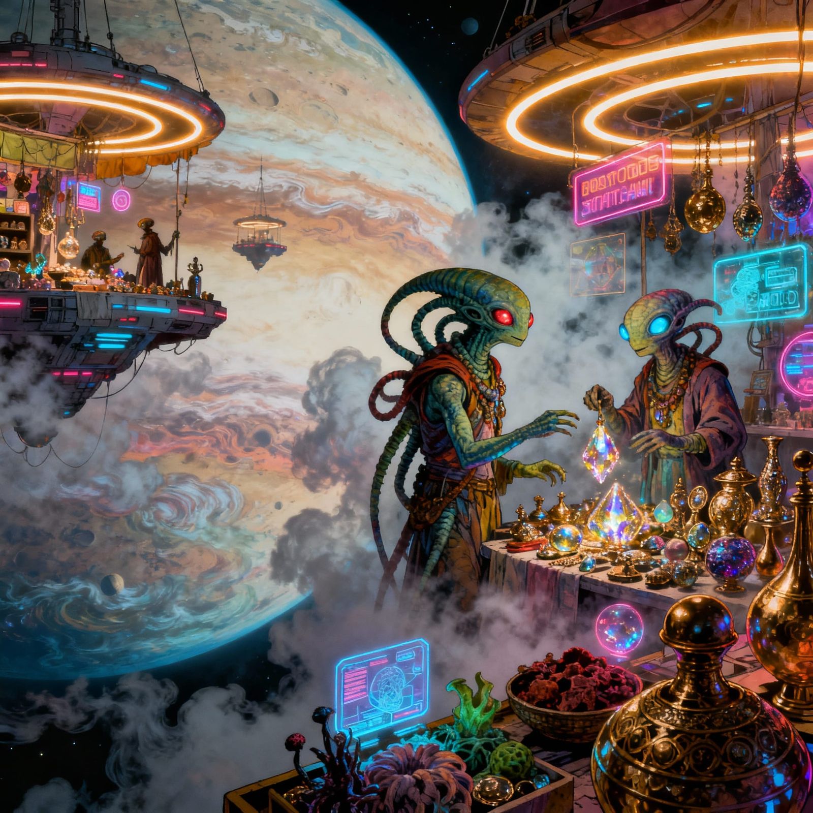 Alien Marketplace on Gas Giant Moon in Moebius Style