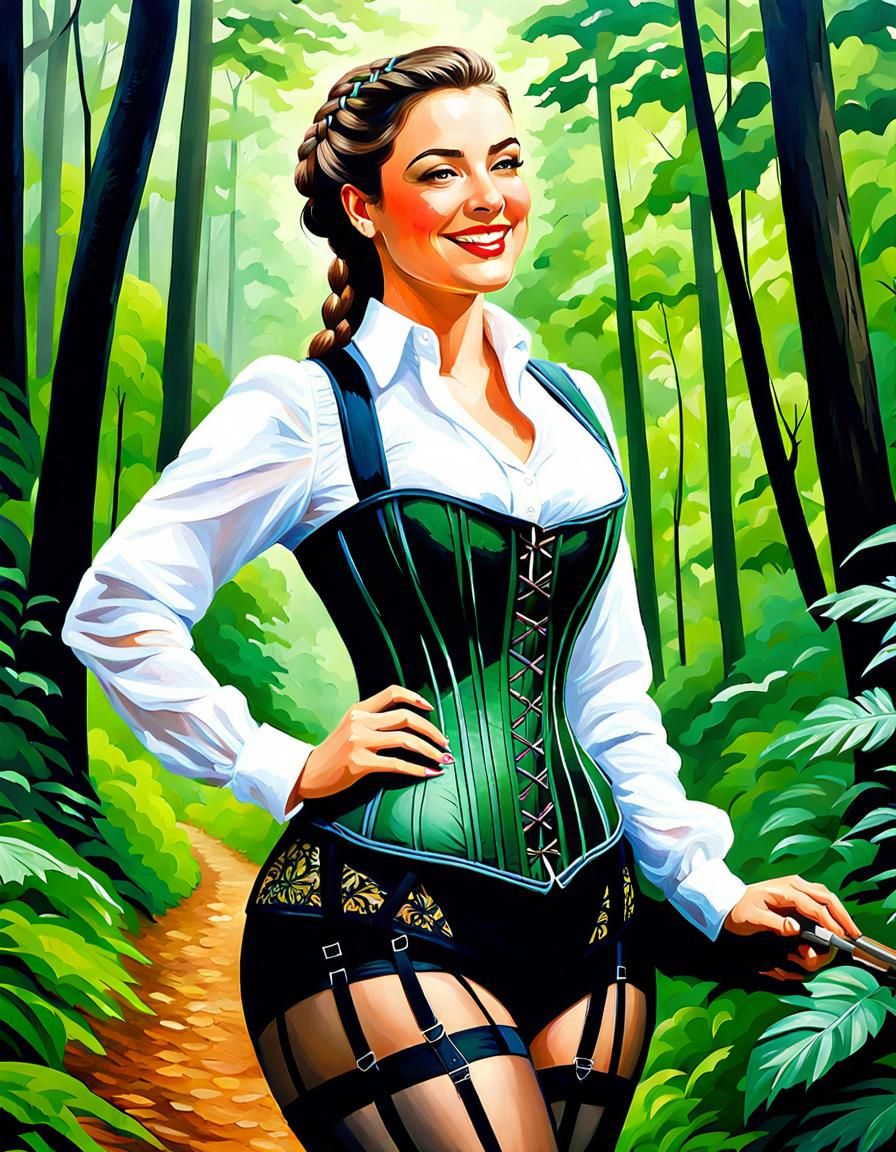 Curvy Brunette in Forest: Detailed Oil Painting