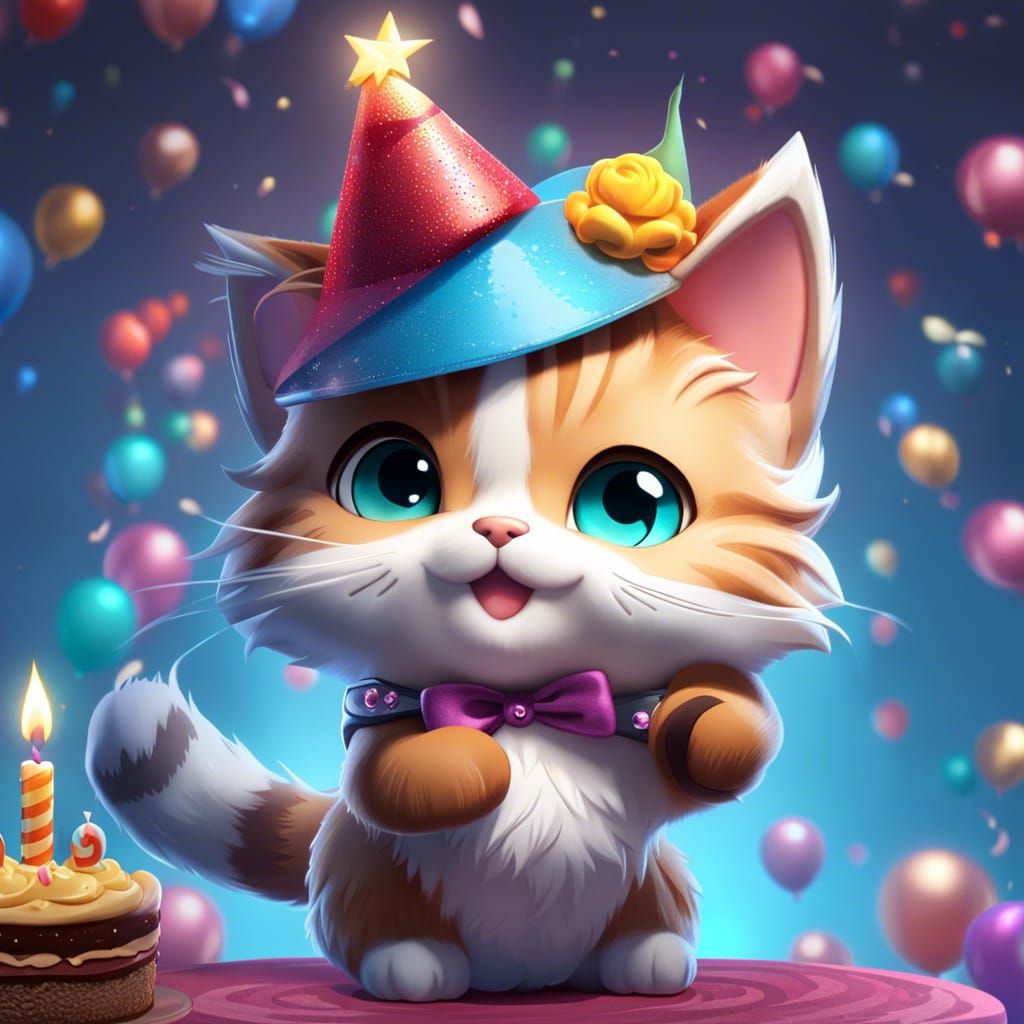 Chibi Cat Celebrates Birthday in Detailed Digital Painting