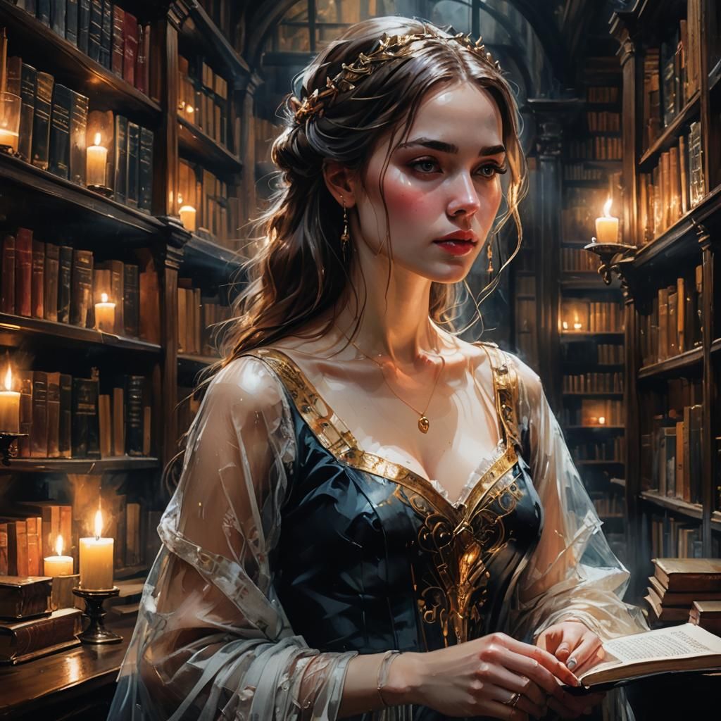 Princess in Candlelit Library: Surreal Digital Art