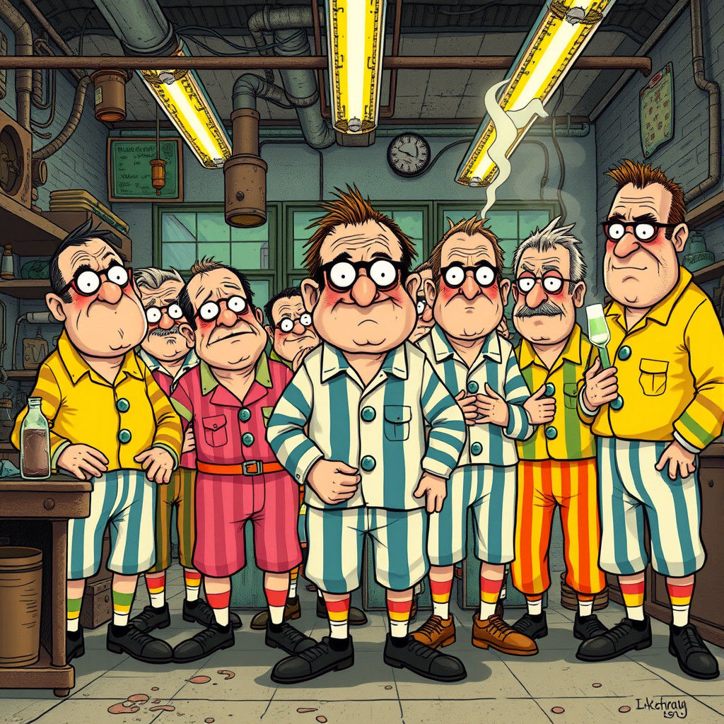 Eccentric Inmates' Absurd Experiments: Cartoon Illustration