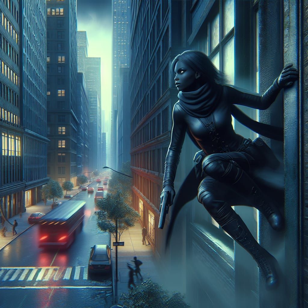 Female Spy Infiltrating City Building as Matte Painting