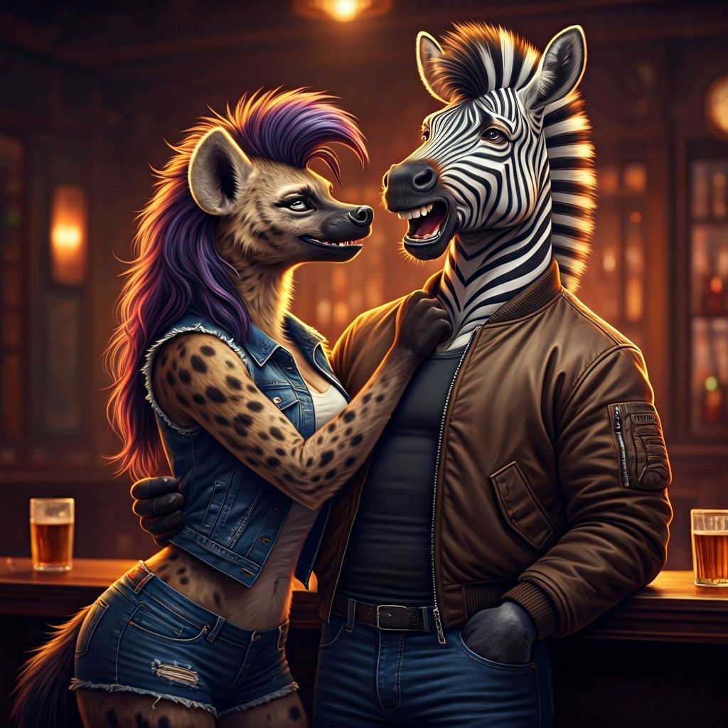 Anthropomorphic Hyena and Zebra in Dive Bar