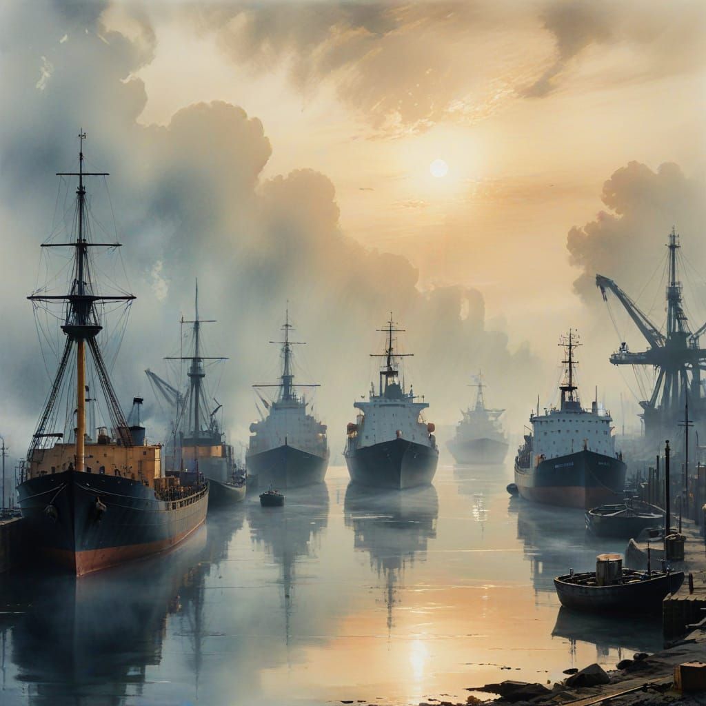 Early Industrial Dockyard in Foggy Ambiance