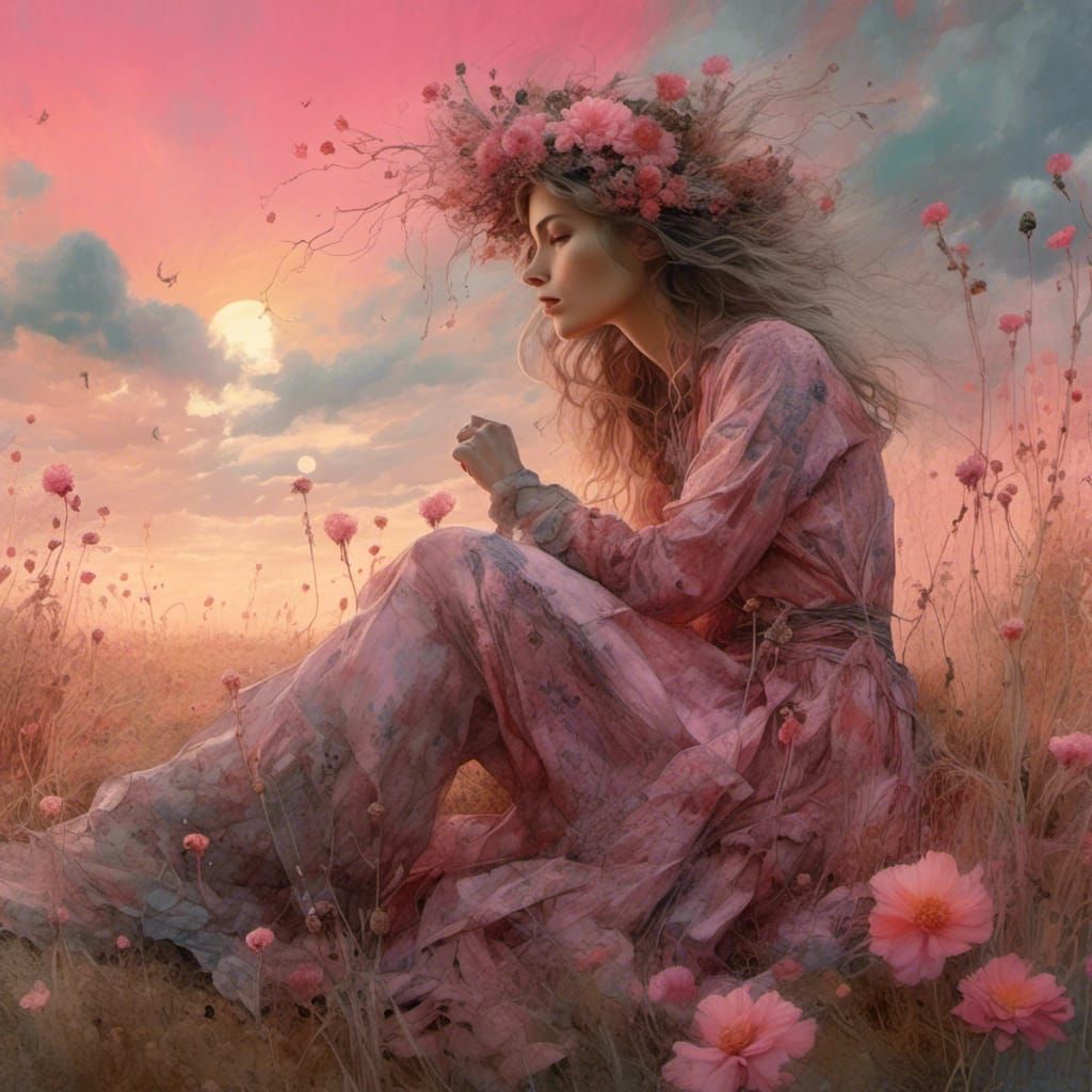 Woman in Meadow, Golden Age Illustration