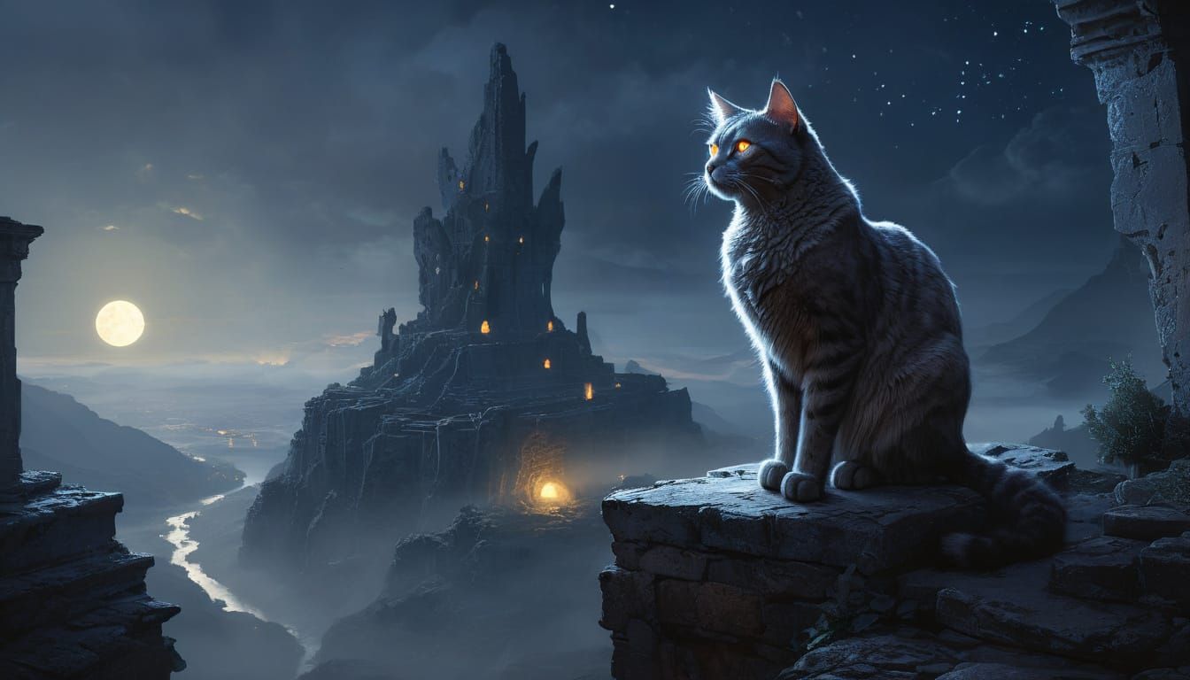 Majestic Starlight Cat on Ancient Ruins