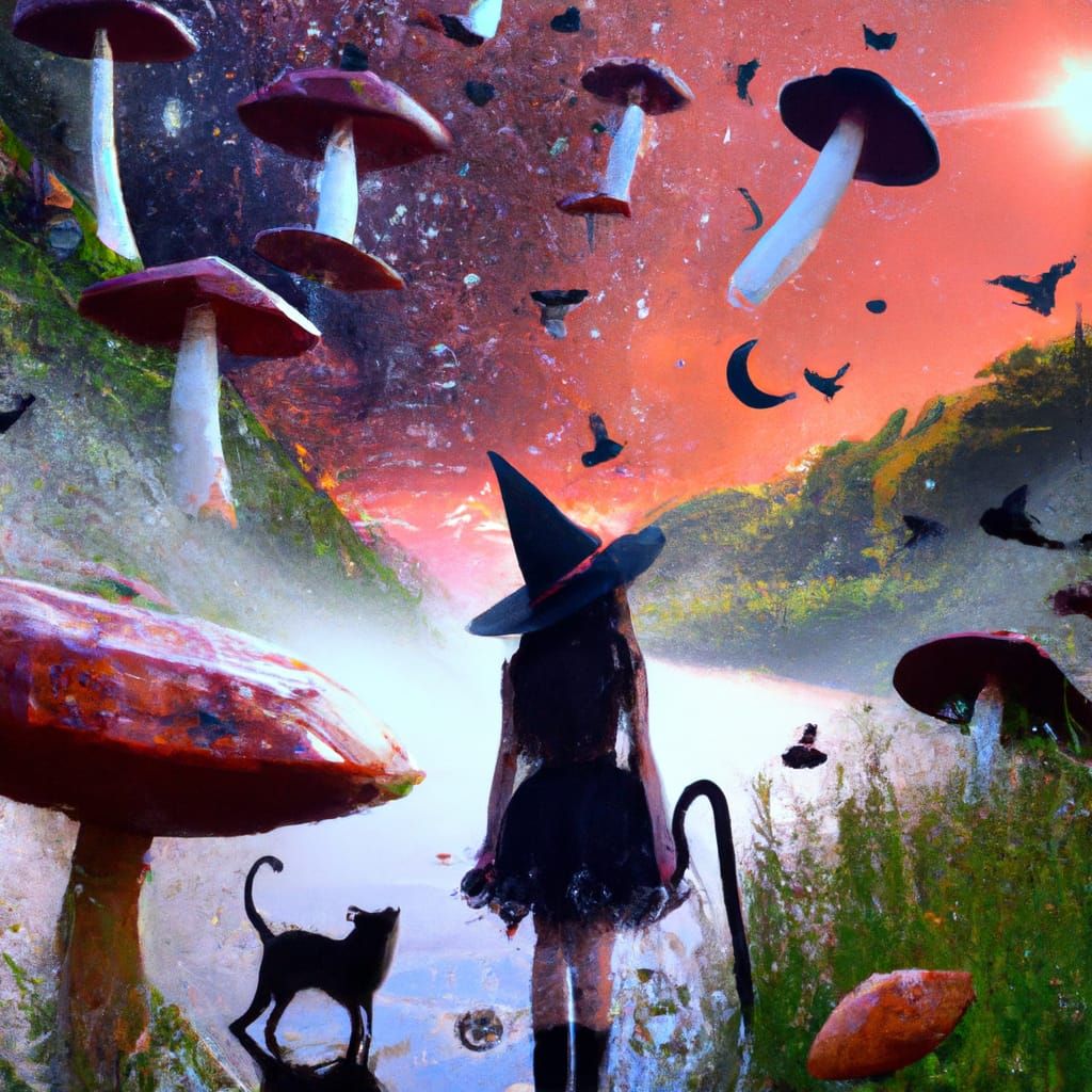 girl with a red witch hat with white spots standing in a galaxy swamp filled with mushrooms, a crow on her shoulder and ...