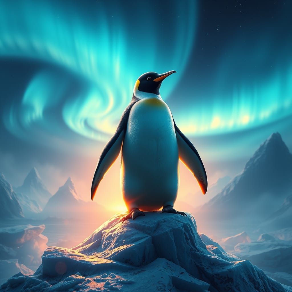 Majestic Penguin on Glowing Iceberg