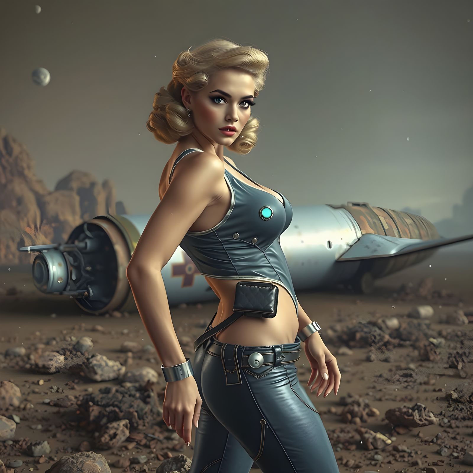 Retro-Futuristic Space Explorer on Asteroid Surface