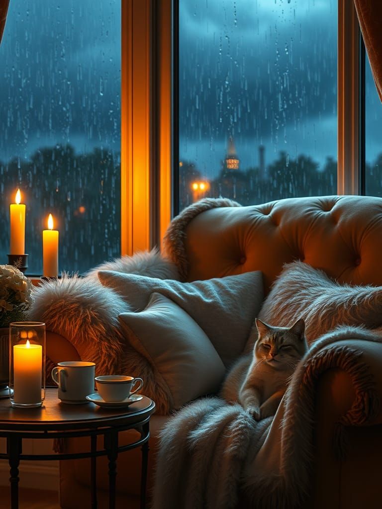 Cozy Rainy Evening with Cat, Candlelight, and Tea