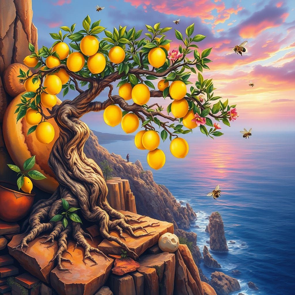 Ethereal Bonsai Oasis in Vibrant Mediterranean Landscape