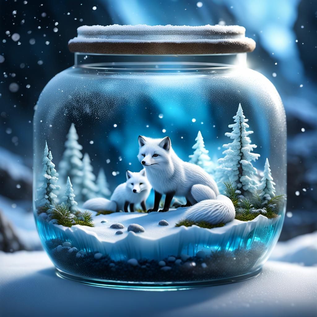 Arctic Foxes in Icy Aurora Terrarium, Digital Art