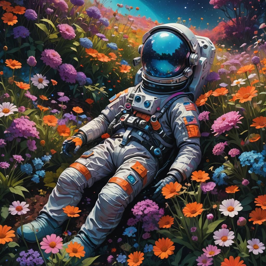 Astronaut in Flower Garden Reflecting the Universe