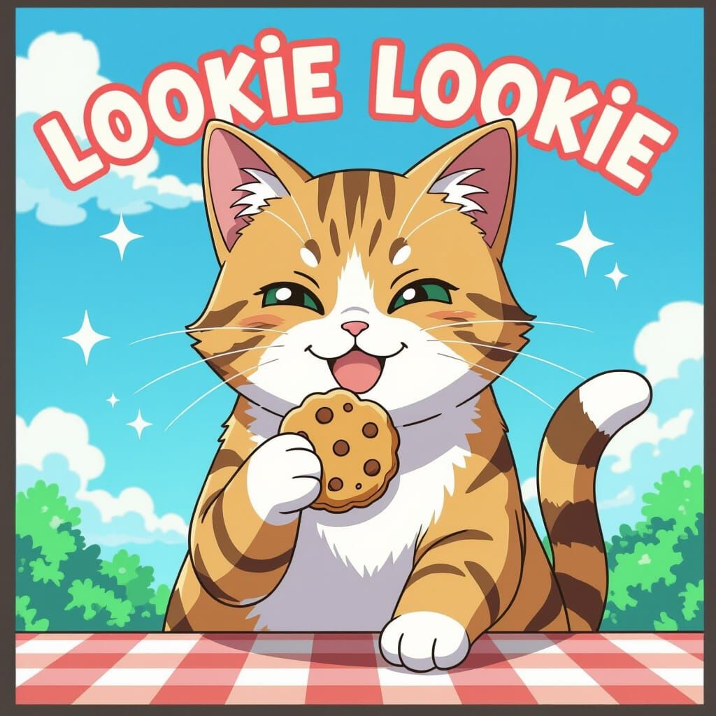 Mischievous Cat Holding Cookie in Anime Style
