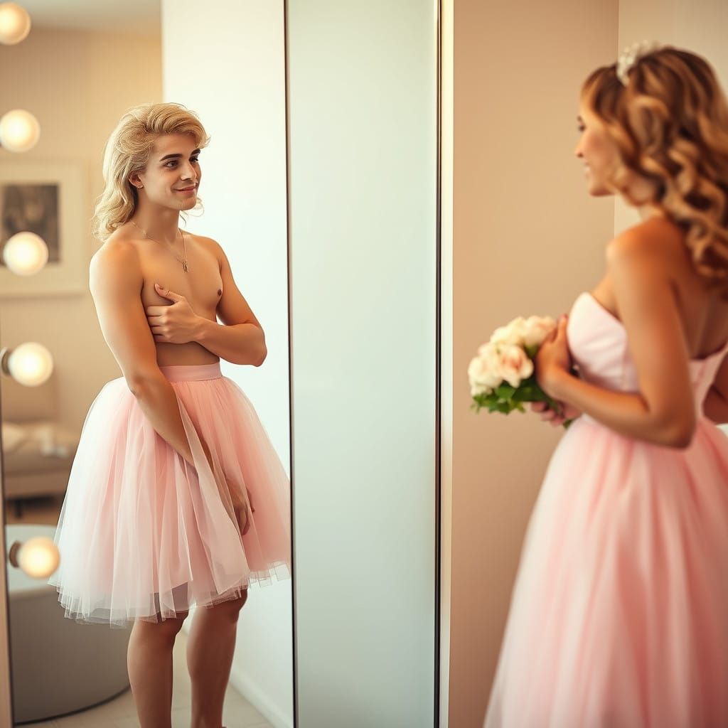 Handsome Young Man Surprised in Pastel Pink Prom Dress