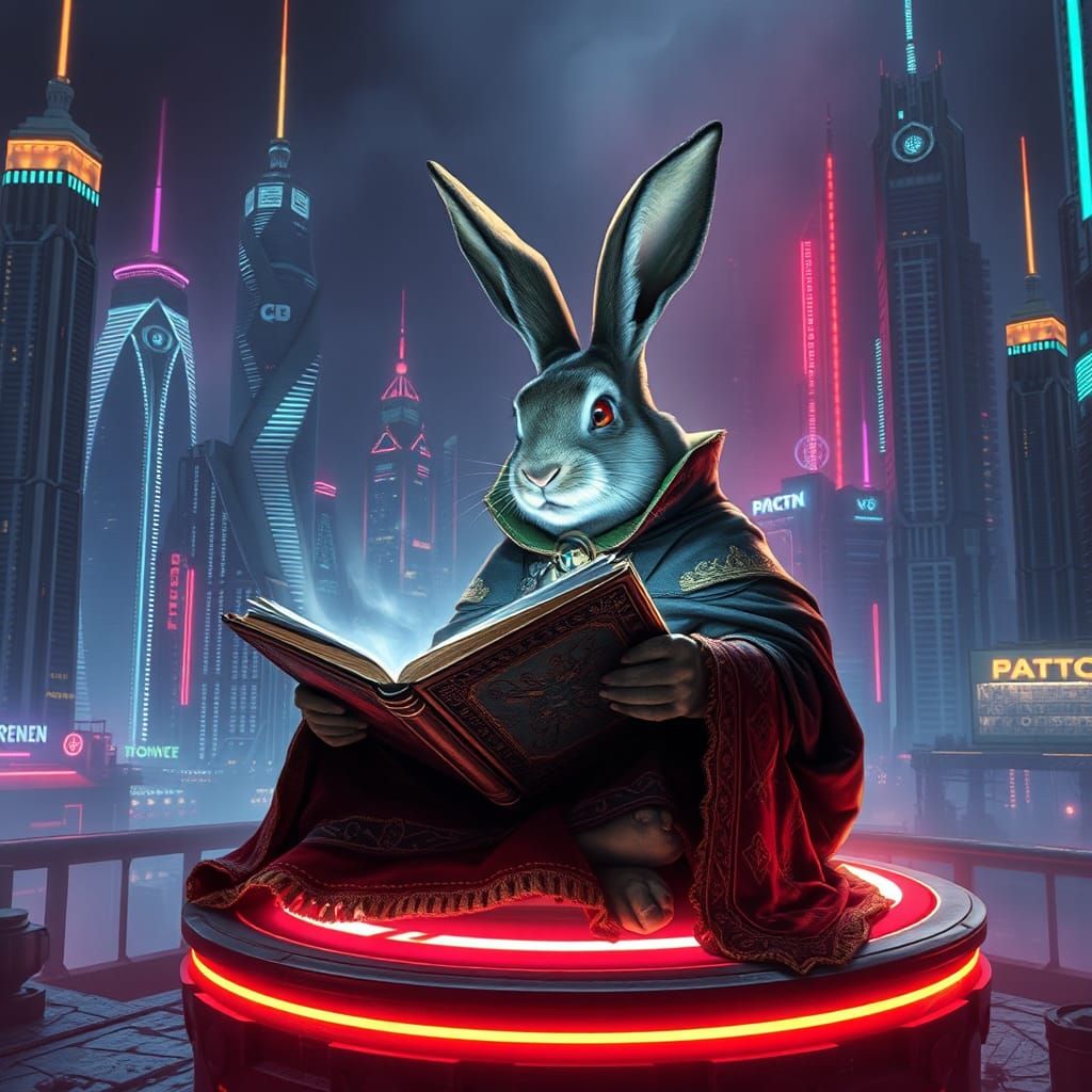 Rabbit Sorcerer in Cyberpunk Cityscape