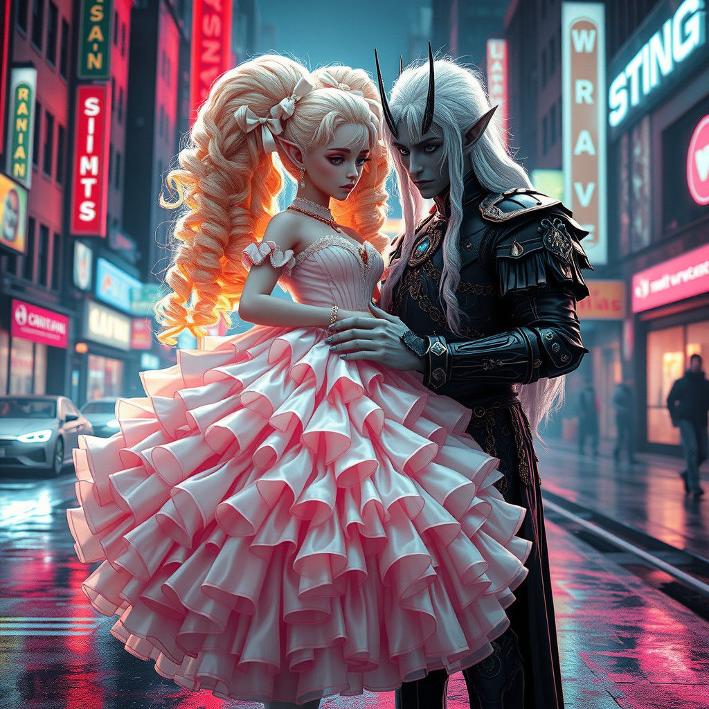 Dark Elf King and Princess in Dystopian Cityscape