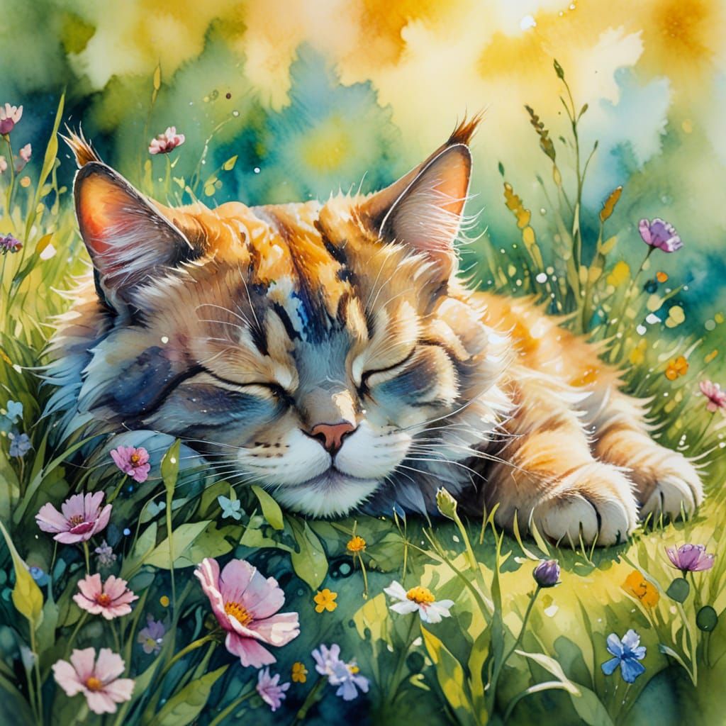 Vibrant Watercolor Portrait of a Sleeping Cat