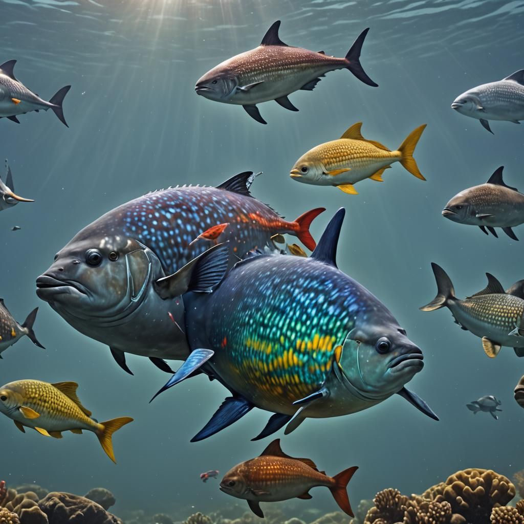Hyperrealistic Rainbow Sunfish and Dolphin Image