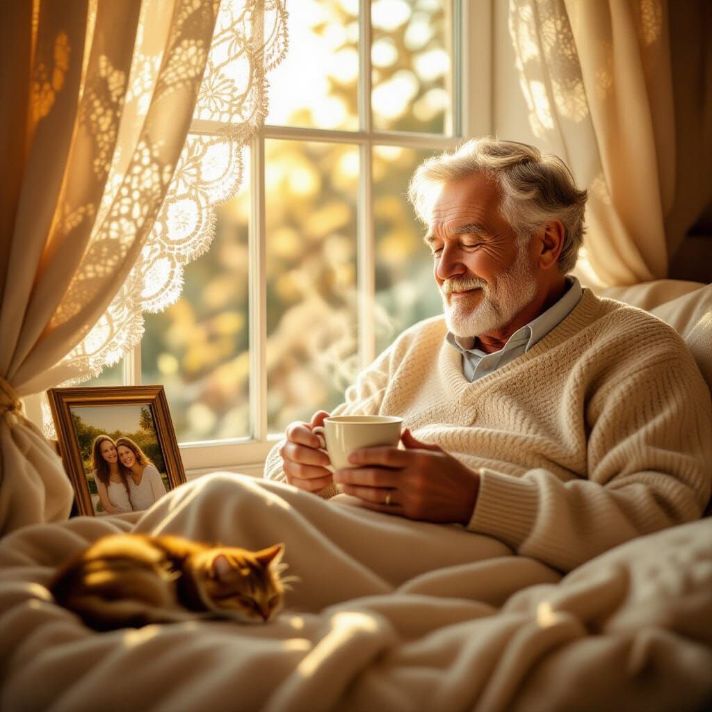Golden Sunlight on Knitted Blanket with Tea and Cat