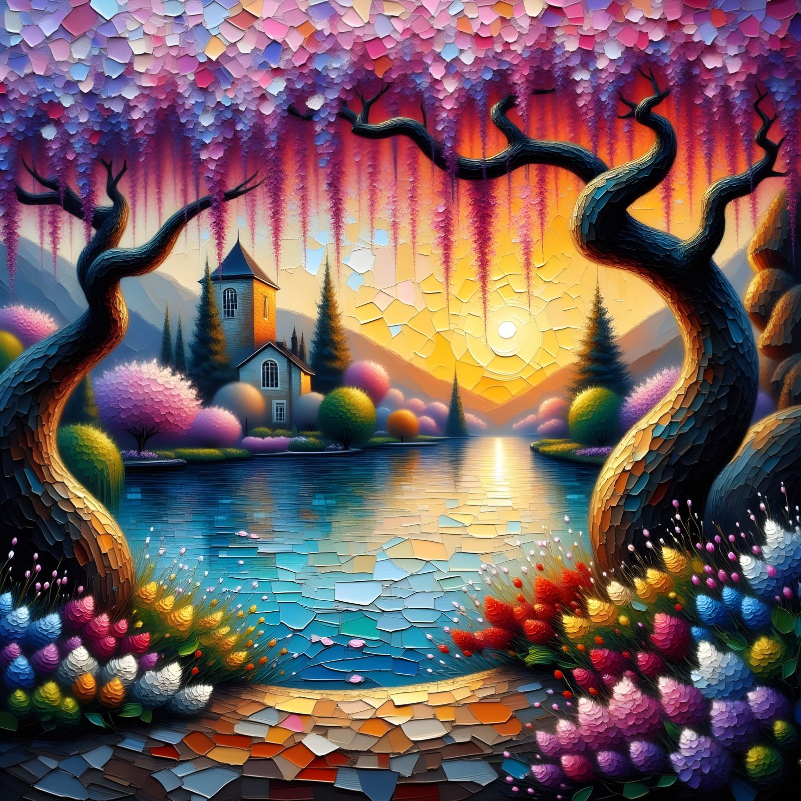 Surreal Wisteria Dreamscape in Vibrant Impasto Style