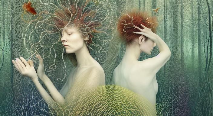 Surreal Reflection: Woman in Forest, Watercolor Style