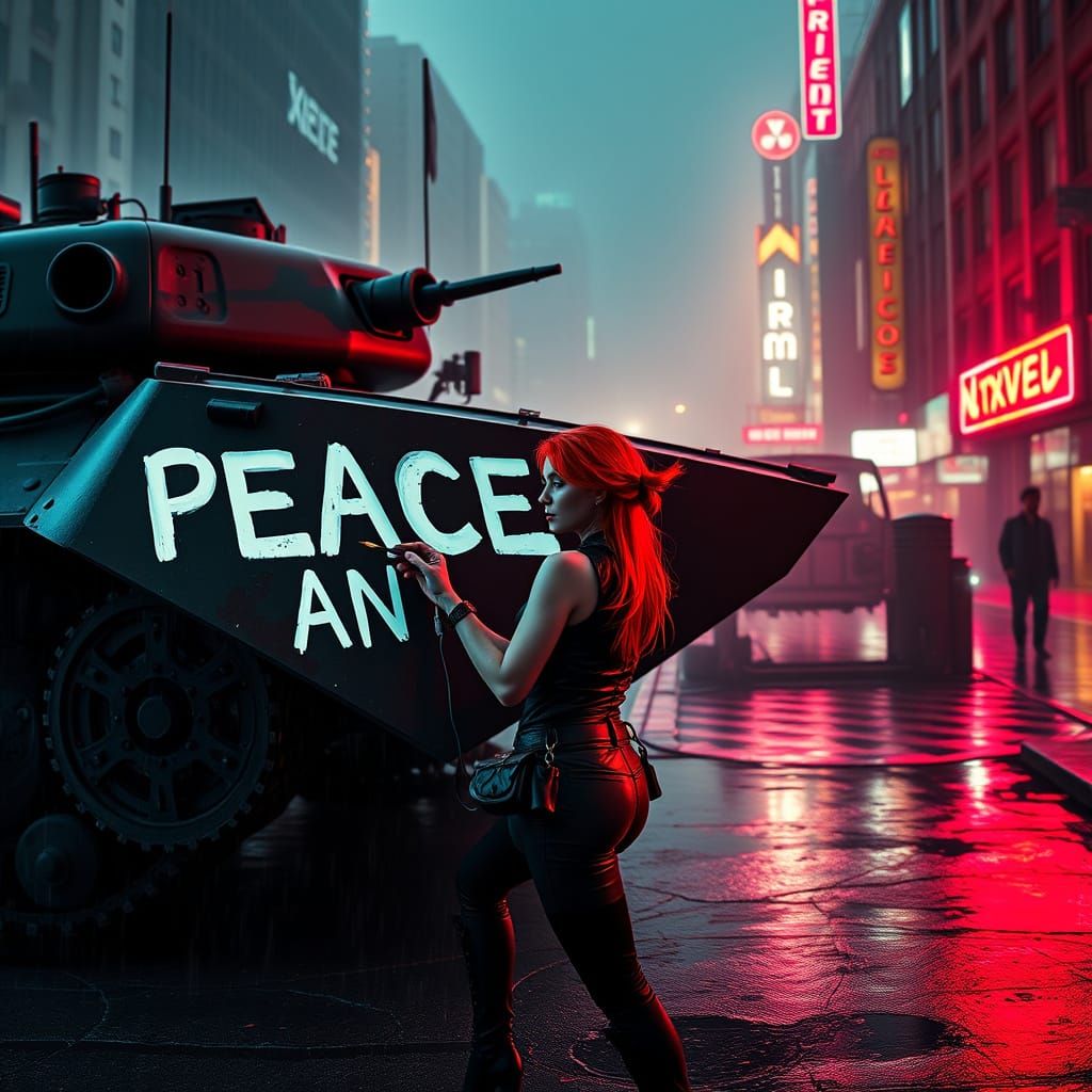 Cyberpunk Redhead Artist Paints 'PEACE AND LOVE' on Military...