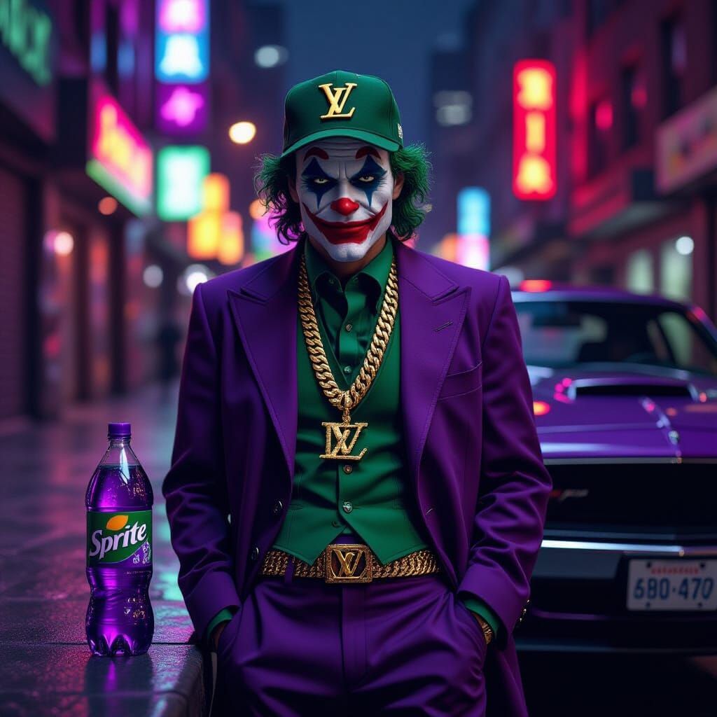 Joker Portrait with Gold Chain and Neon Urban Lighting
