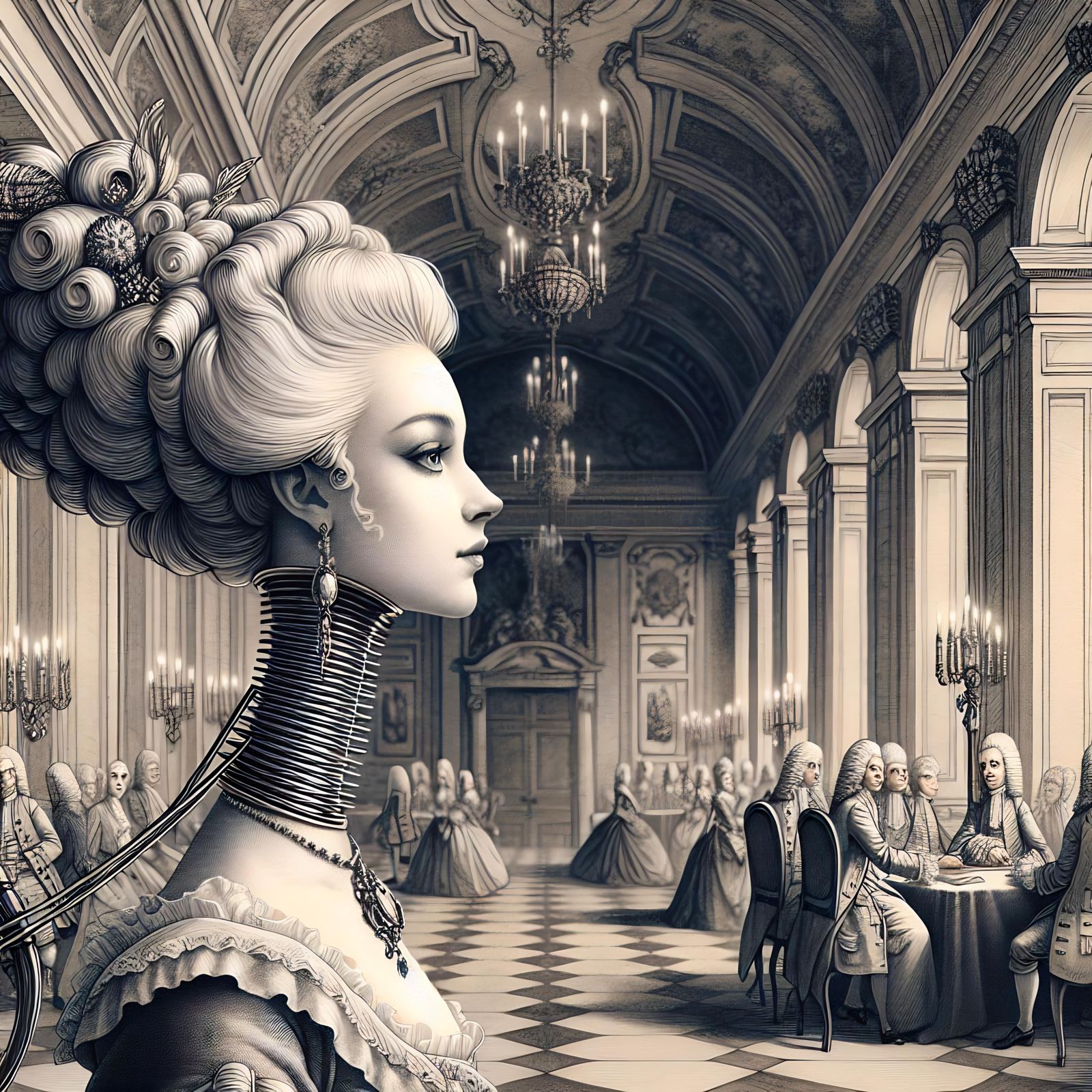 Rococo Goddess with Elongated Neck in Detailed Drawing