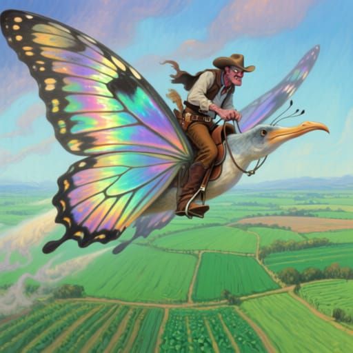 Cowboy Rides Giant Butterfly Over Farmlands in Gouache Style