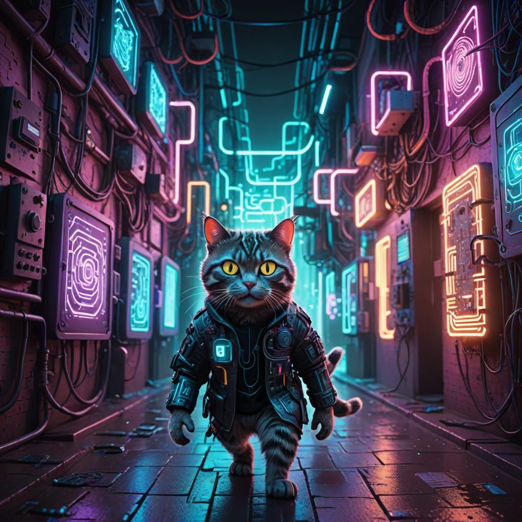 Cyberpunk Cat Hacker Navigates Neon Circuit Maze