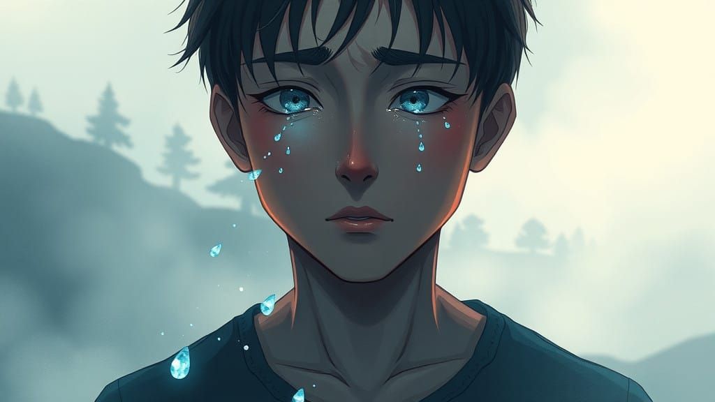 Sorrowful Young Man Overwhelmed by Tears of Memories in a Mi...