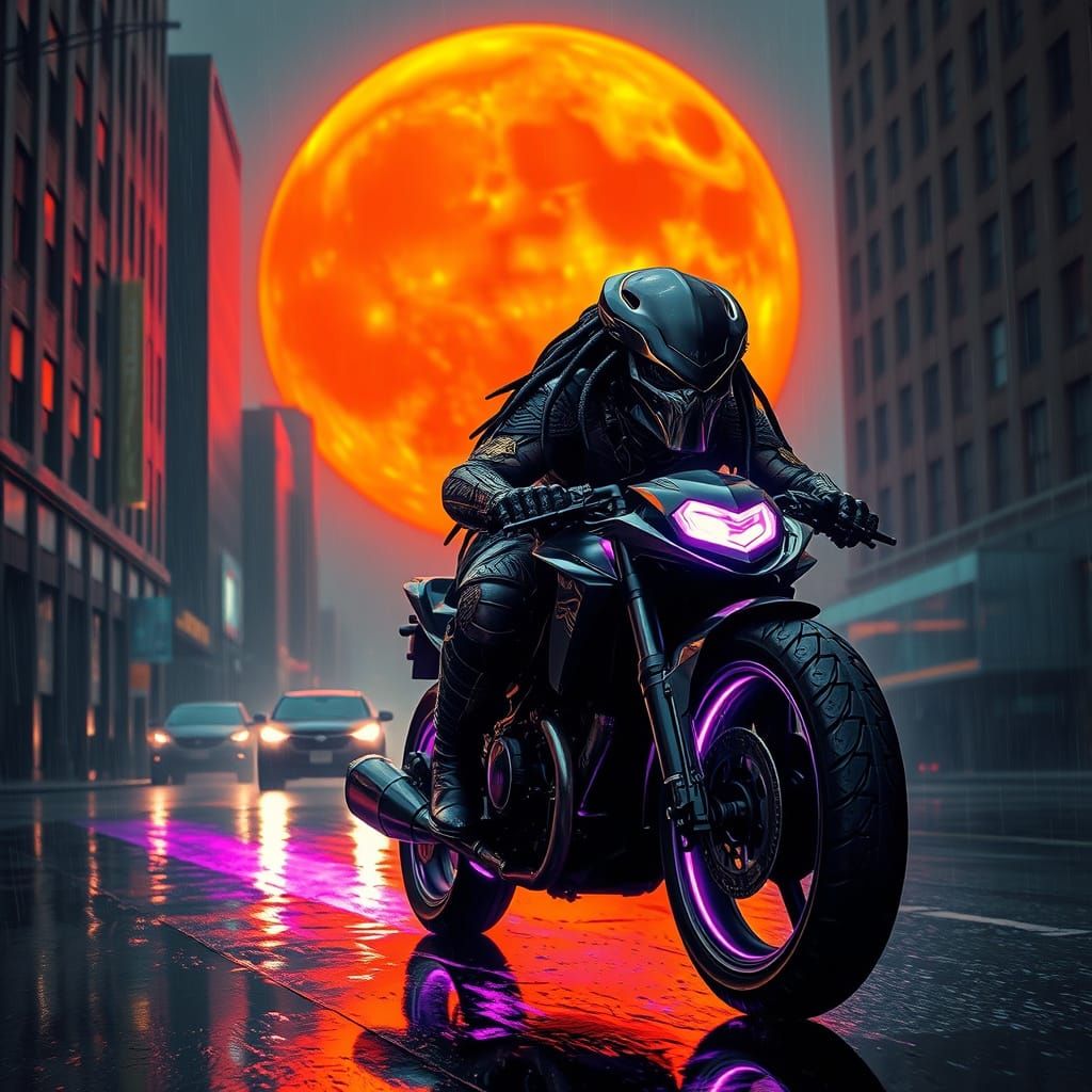 Cyberpunk Predator Rides Obsidian Light Cycle Under Blazing ...