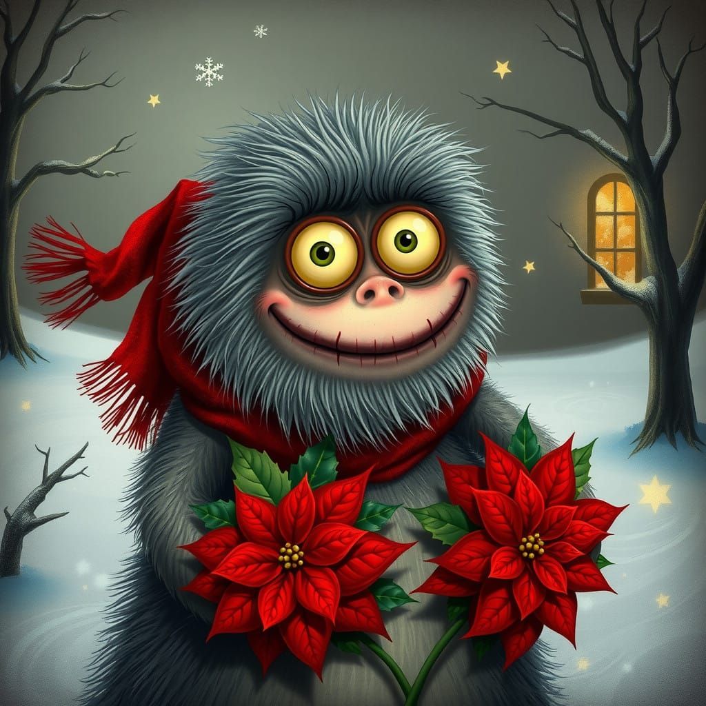 Whimsical Monster with Christmas Poinsettias in Winter Wonde...