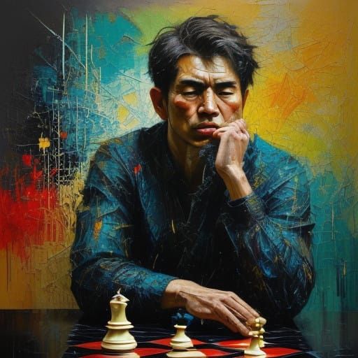Contemplative Chess Player in Vibrant Abstract Expressionism...
