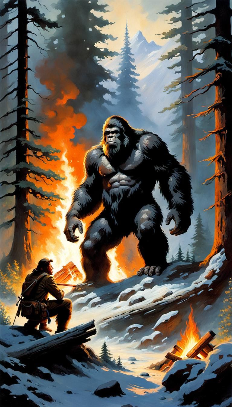 Survivalist and Bigfoot in Forest Landscape