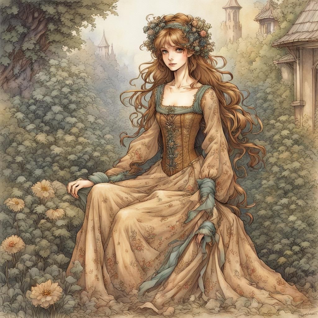 Medieval Maiden in Fulvous Gown, Arthur Rackham Style